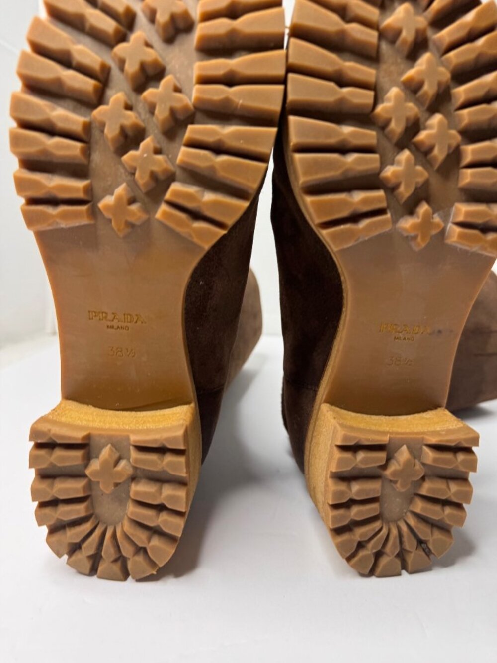 Vintage Prada Milano Brown Suede Calf Knee Lug Sole Moto Rugged Boots 38.5 US8.5 - Picture 11 of 16